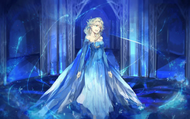 A character from the movie Frozen stands gracefully in a blue gown, surrounded by sparkling icy patterns in a mystical, frosty setting.
