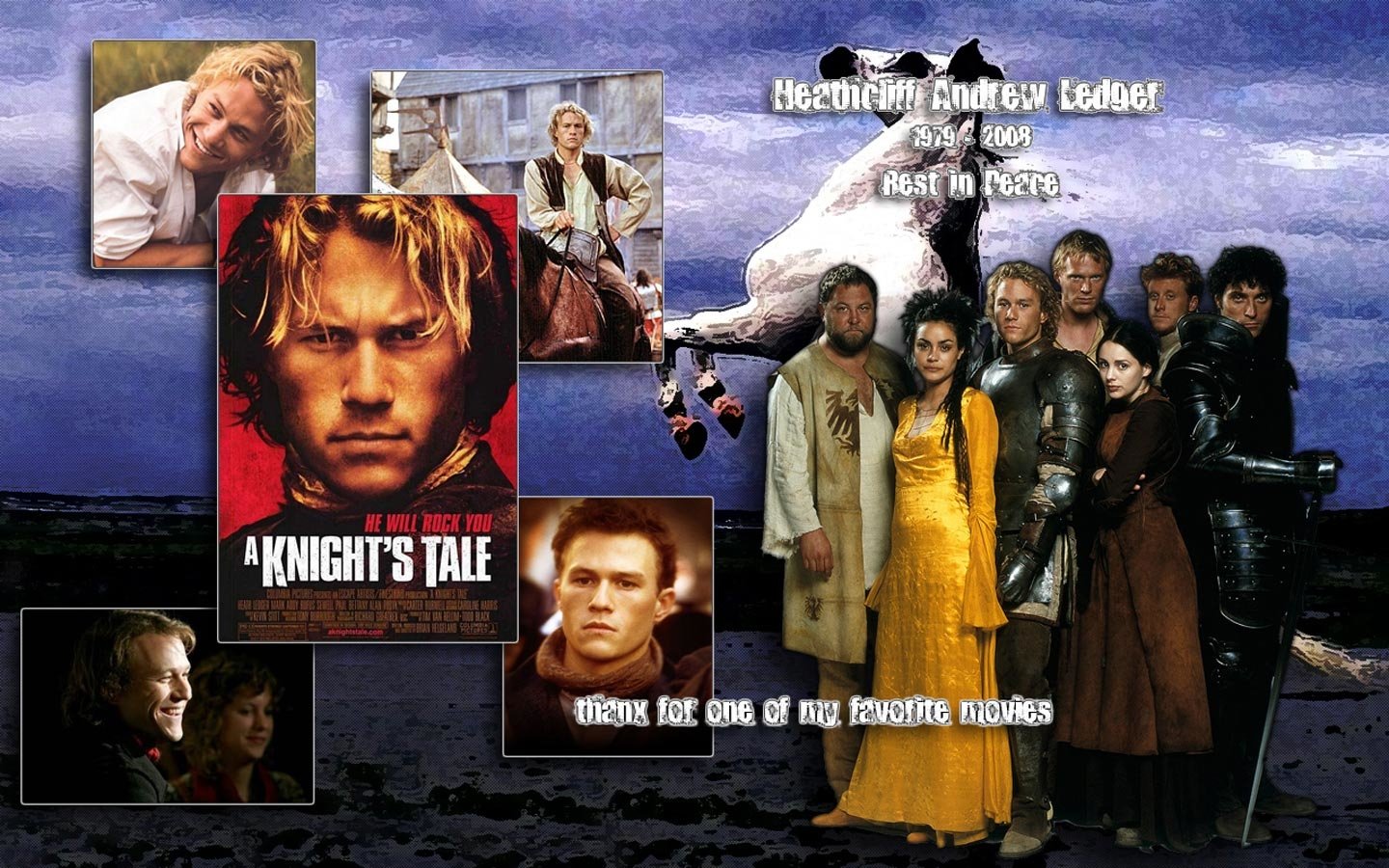 A collage celebrating Heath Ledger, featuring images from A Knight's Tale and other memorable moments, honoring his legacy in film.