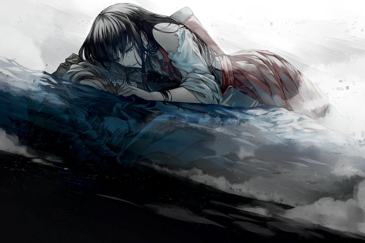 An anime-style character from Kantai Collection lies on the ground in a dark, moody scene with stormy waves blending into the background.