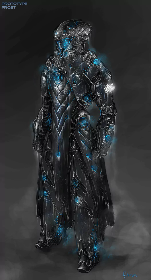 A Warframe character named Frost stands in a dark, icy-blue armor emitting frost-like energy, blending elements of ice and frost in a video game-inspired design.