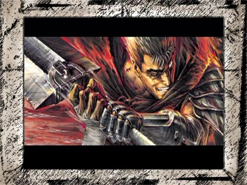 Guts (Berserk) snarling in battle, gripping his massive sword as blood and flames streak behind him, torn cloak and battered armor.