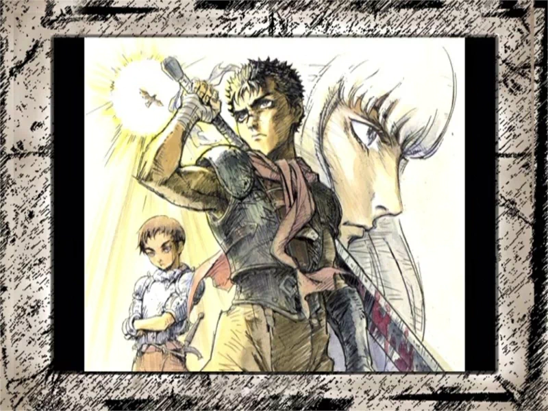 Berserk anime illustration of Guts wielding a sword at center, Casca standing to his side, and Griffith’s pale profile looming behind them.