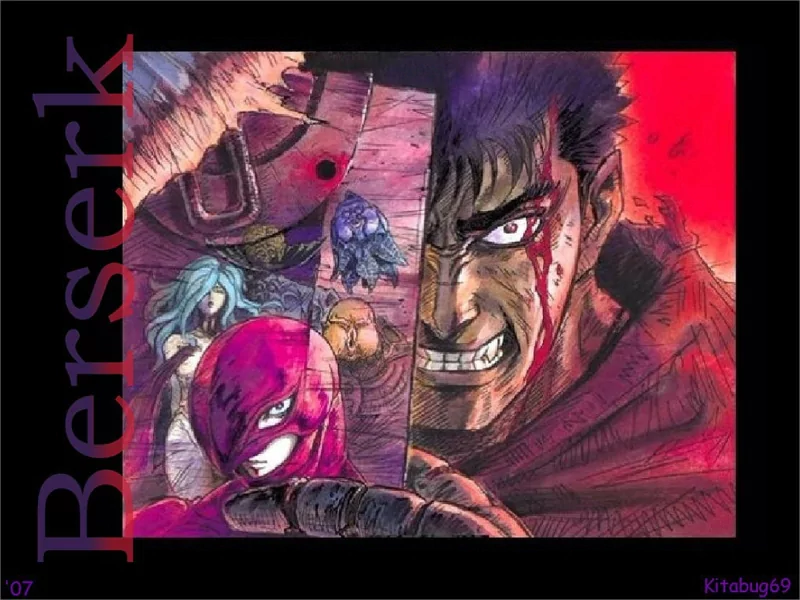 Berserk anime art: bloodied Guts snarls in the foreground while a torn panel shows Femto's helmeted visage and the menacing God Hand looming behind.