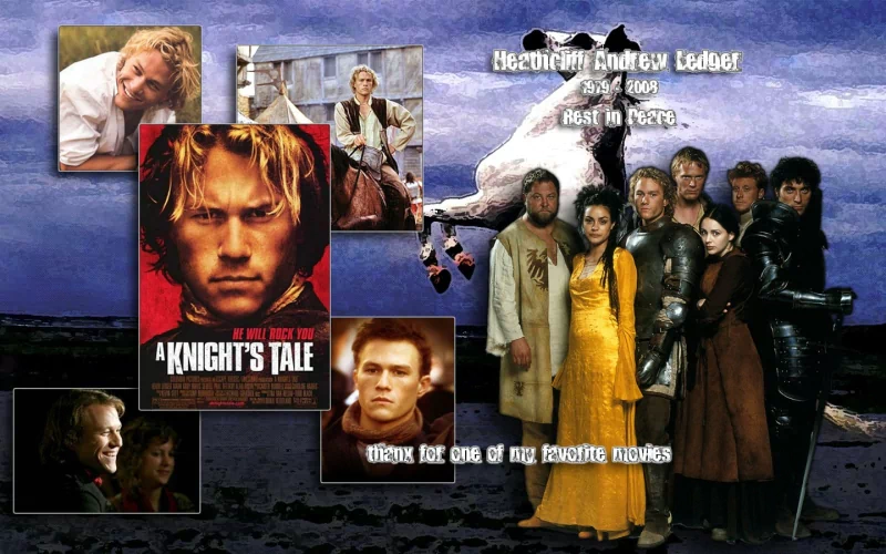 A collage celebrating Heath Ledger, featuring images from A Knight's Tale and other memorable moments, honoring his legacy in film.