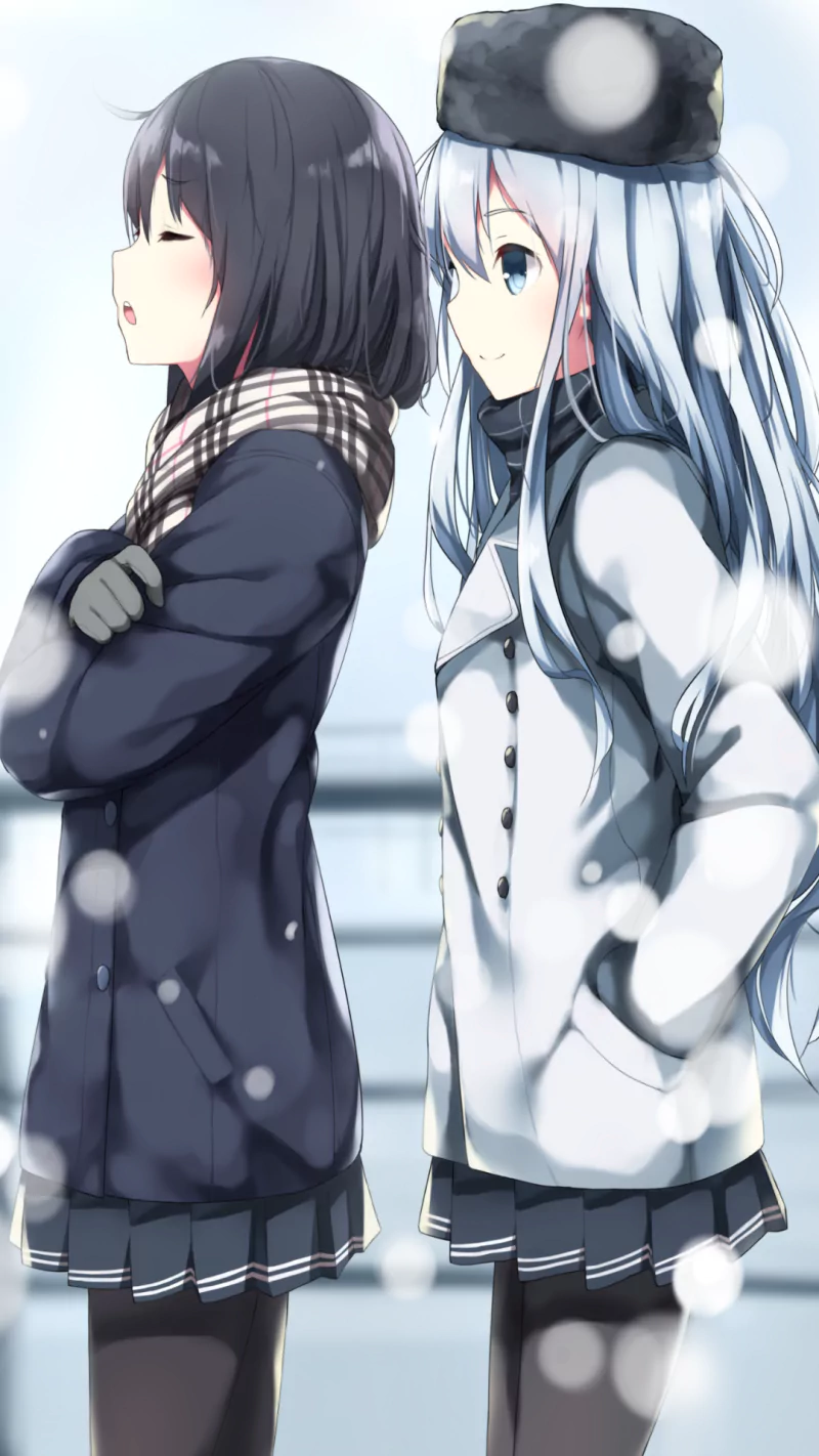 Two anime characters from Kantai Collection stand side by side in a snowy scene, one with a dark hairstyle and the other with long light blue hair, both dressed in winter outfits.