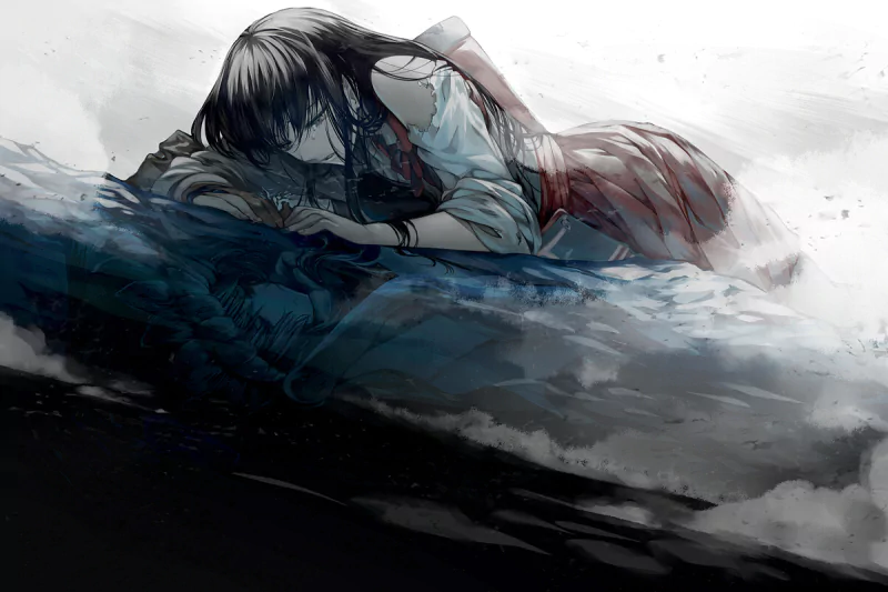 An anime-style character from Kantai Collection lies on the ground in a dark, moody scene with stormy waves blending into the background.