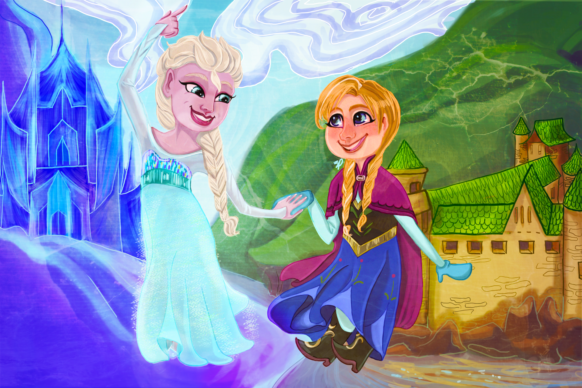 Elsa and Anna from the movie Frozen are joyfully interacting in a snowy landscape, with Elsa's ice castle and a charming village in the background.