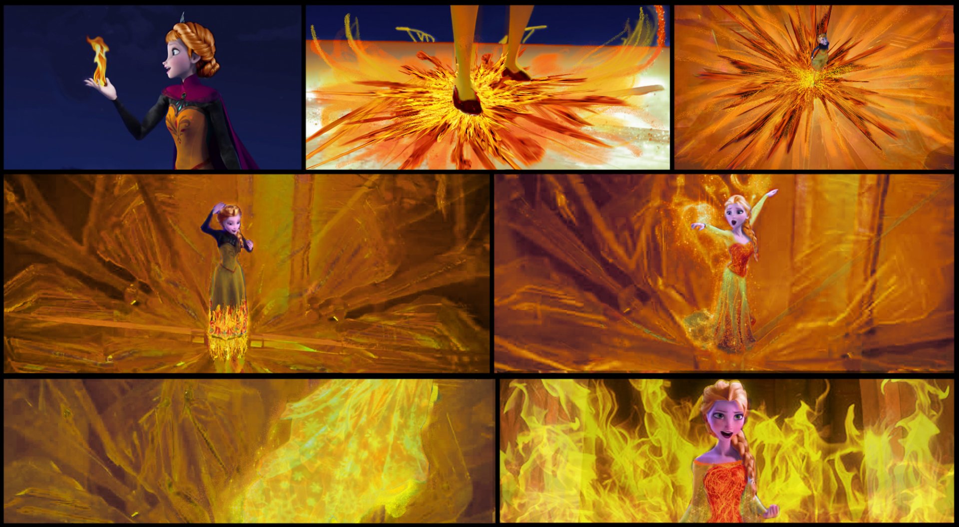 A collage from the movie Frozen, featuring Elsa conjuring and surrounded by vibrant flames, showcasing her powerful abilities in a dramatic visual display.