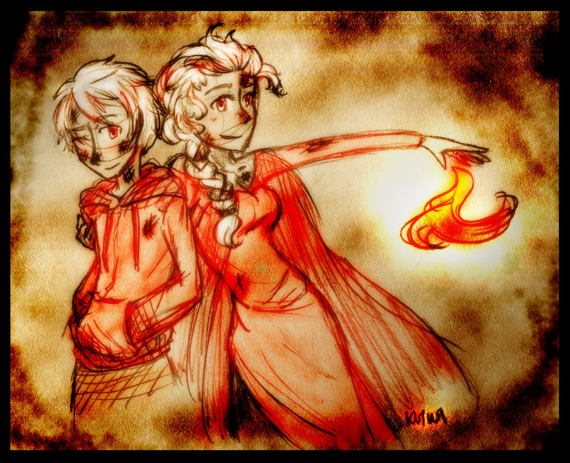 Jack Frost and Elsa from Frozen stand together, with Elsa extending her arm to conjure a flame, blending winter and fire in this dynamic, colorful illustration.