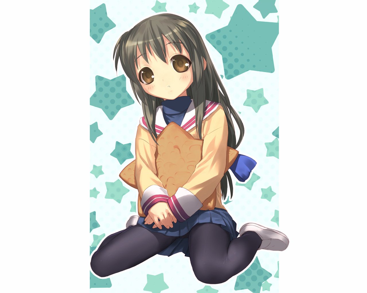 Fuuko Ibuki from Clannad kneeling in a school uniform, holding a star-shaped plush against a teal star-patterned background.