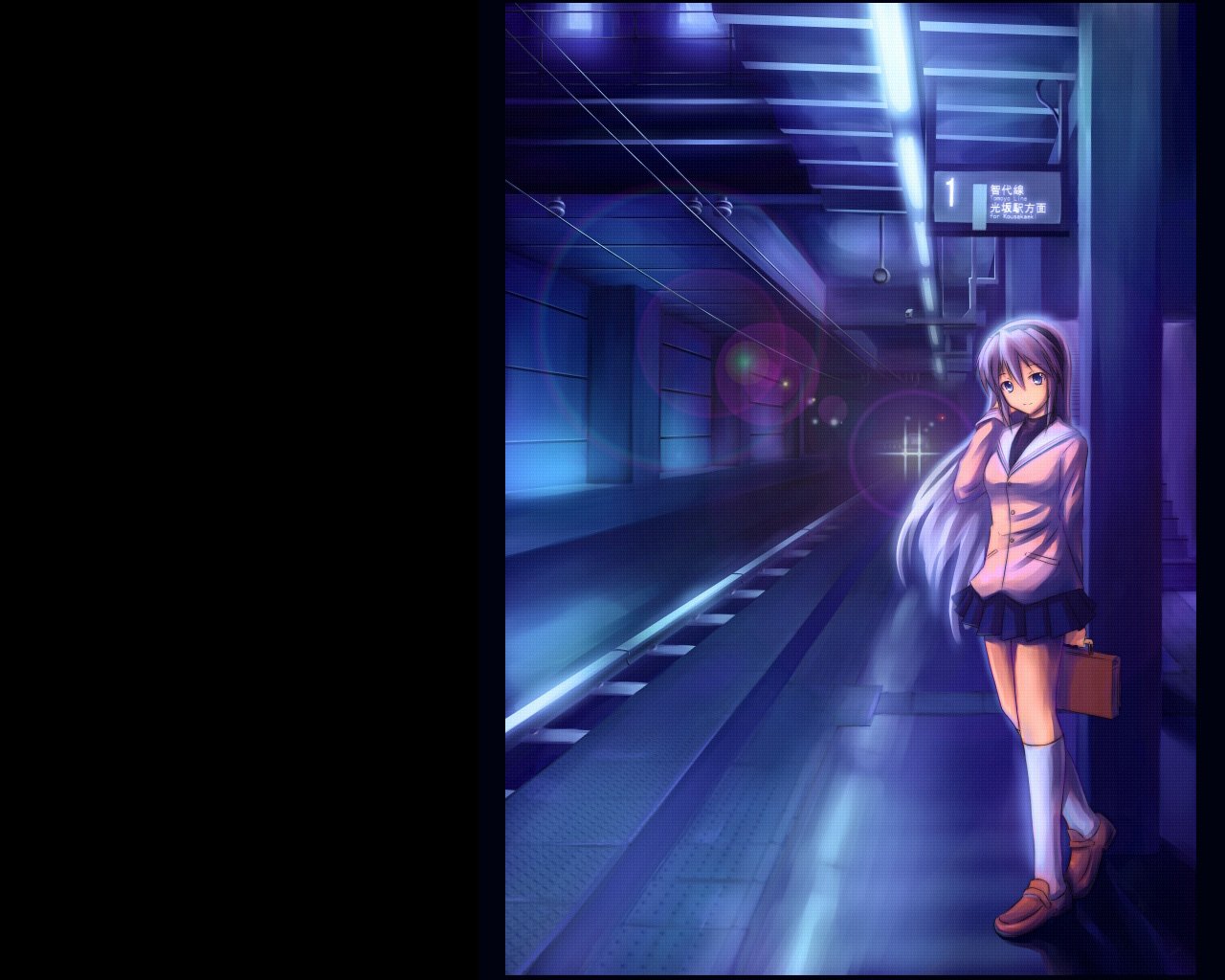 Kyou Fujibayashi from the anime Clannad stands alone on a dimly lit train platform at night, holding a small bag and looking contemplative.