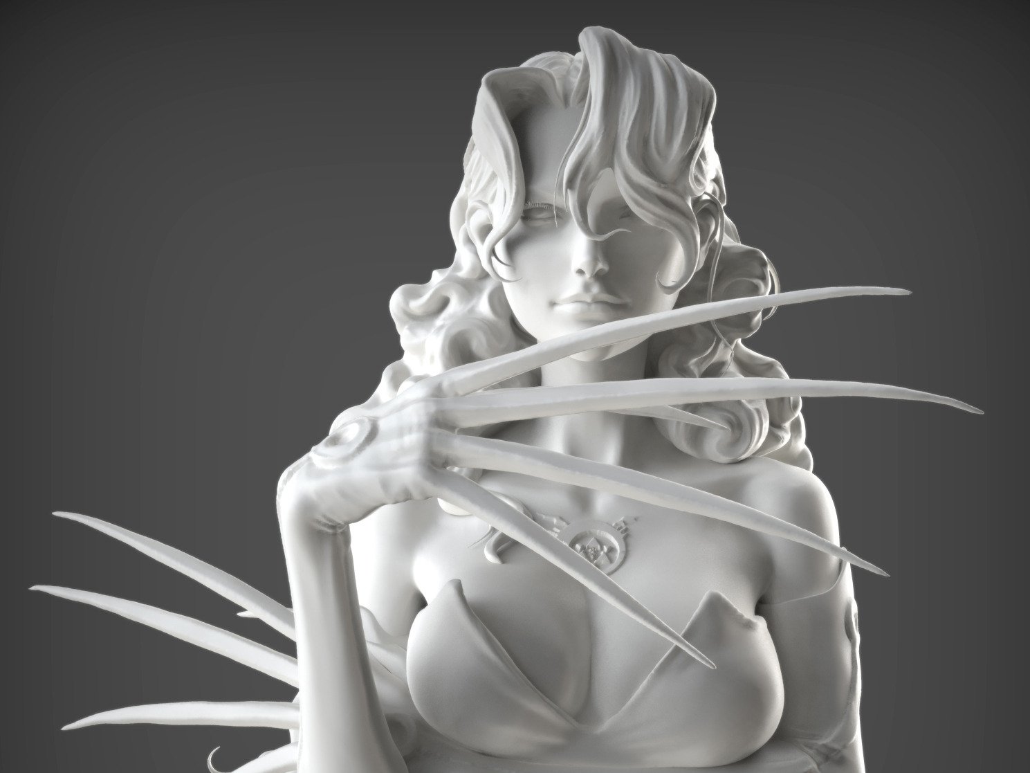 Monochrome statue of Lust from Fullmetal Alchemist anime, featuring her long hair, confident expression, and iconic sharp claws extended from her fingers.