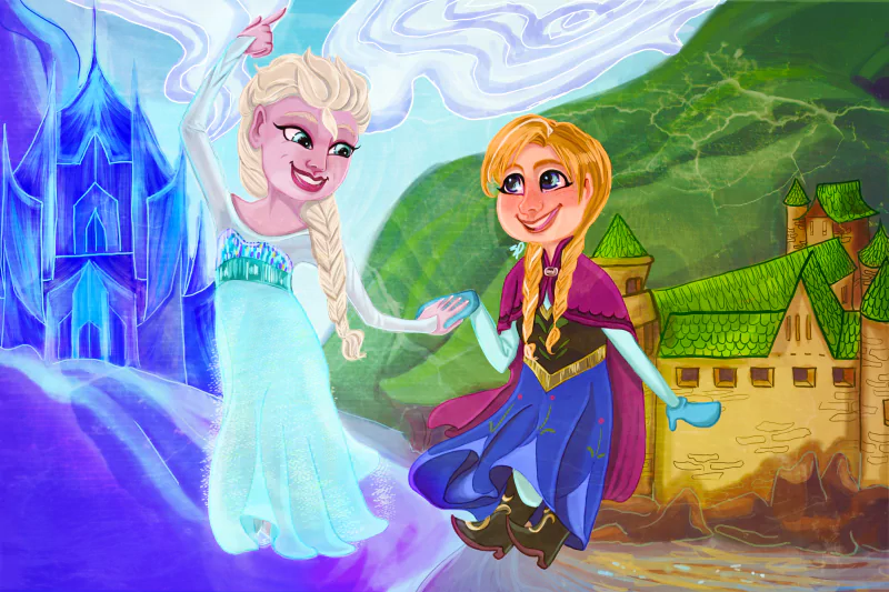 Elsa and Anna from the movie Frozen are joyfully interacting in a snowy landscape, with Elsa's ice castle and a charming village in the background.