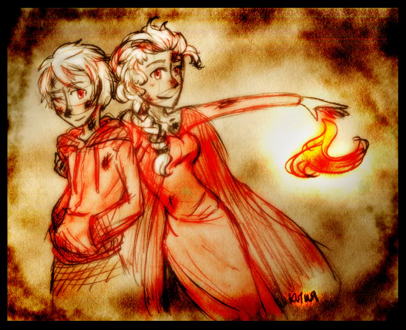 Jack Frost and Elsa from Frozen stand together, with Elsa extending her arm to conjure a flame, blending winter and fire in this dynamic, colorful illustration.