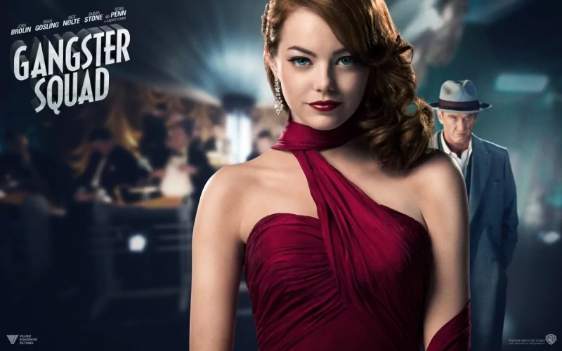 Glamorous woman in a red evening gown with 1940s waves posed on a stylized Gangster Squad movie poster.