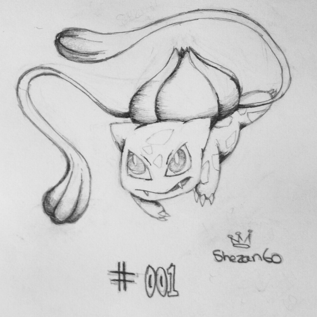 Pencil sketch of Bulbasaur, the iconic Pokémon from the anime series, displaying its bulb and vine-like appendages with dynamic shading and detail.