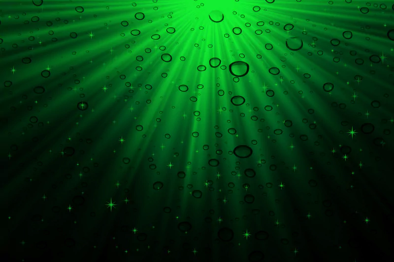 Abstract green scene: radiating light beams from a bright center with translucent bubbles and tiny star-like sparkles drifting across a darkening backdrop.