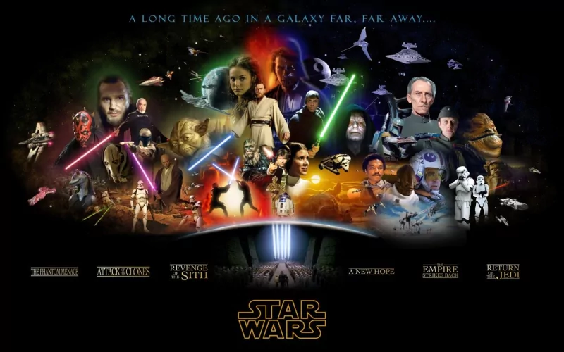 A vibrant collage featuring iconic Star Wars characters like Anakin Skywalker, Han Solo, Obi-Wan Kenobi, Luke Skywalker, Yoda, and Darth Maul, all set against a cosmic backdrop.