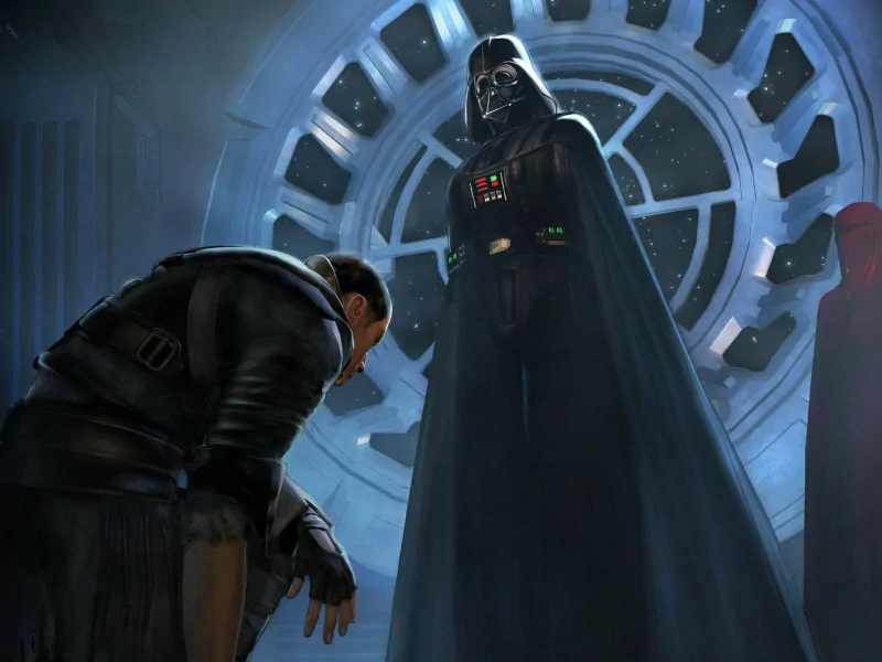 Darth Vader confronts a kneeling character in a dramatic scene from the Star Wars: The Force Unleashed video game, highlighting the Sith's imposing presence.