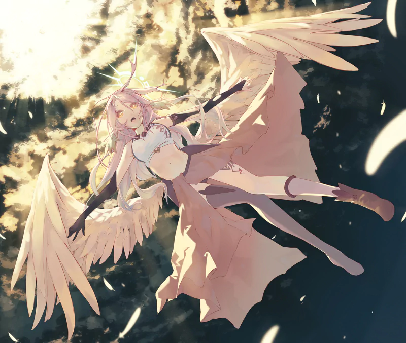 Jibril from the anime No Game No Life is depicted with large wings, floating gracefully against a bright, glowing background.