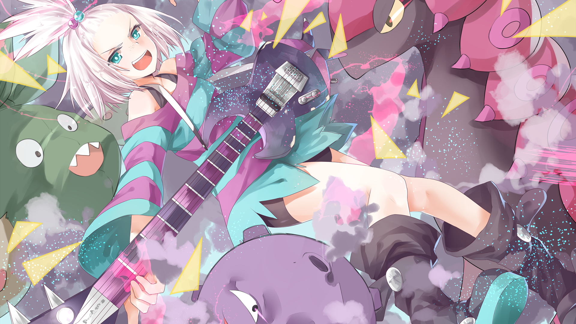 Colorful Pokémon Black and White 2 video game fan art: energetic trainer playing an electric guitar surrounded by ghost-type Pokémon Gengar and Koffing, with confetti and neon shapes.