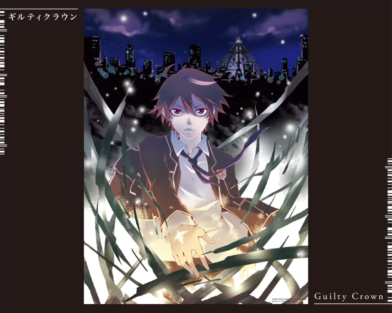 A character from the anime Guilty Crown emerges from dark, twisted branches, illuminated by a night cityscape, exuding a sense of determination and mystery.