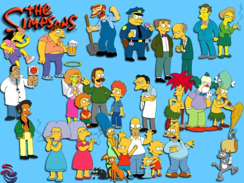 A colorful ensemble featuring the iconic characters from The Simpsons, including Ned Flanders, Marge, Homer, Bart, Lisa, and Maggie, set against a vibrant blue background.