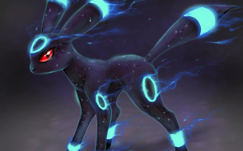 A dynamic anime illustration of a Pokémon resembling Umbreon, featuring a dark body and glowing blue markings, exuding an aura of energy and mystery.