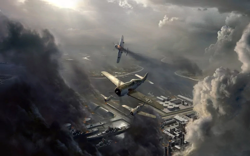 Two military aircraft engage in an aerial battle above a coastal industrial area under a dramatic, cloudy sky.