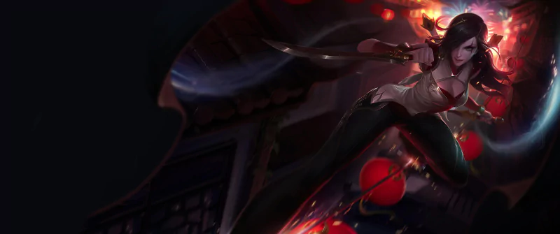 Katarina from League of Legends leaping across a dark rooftop, twin blades glowing red as fiery arc trails swirl around her.
