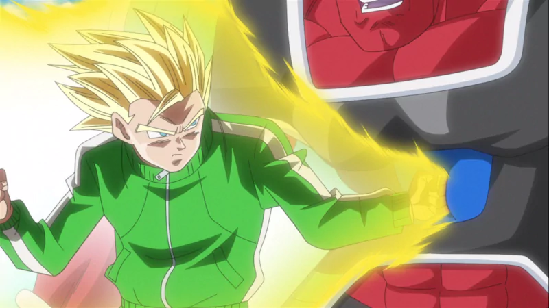 A Super Saiyan from Dragon Ball Super unleashes a powerful attack, surrounded by an electrifying aura, showcasing vibrant anime art and dynamic energy.