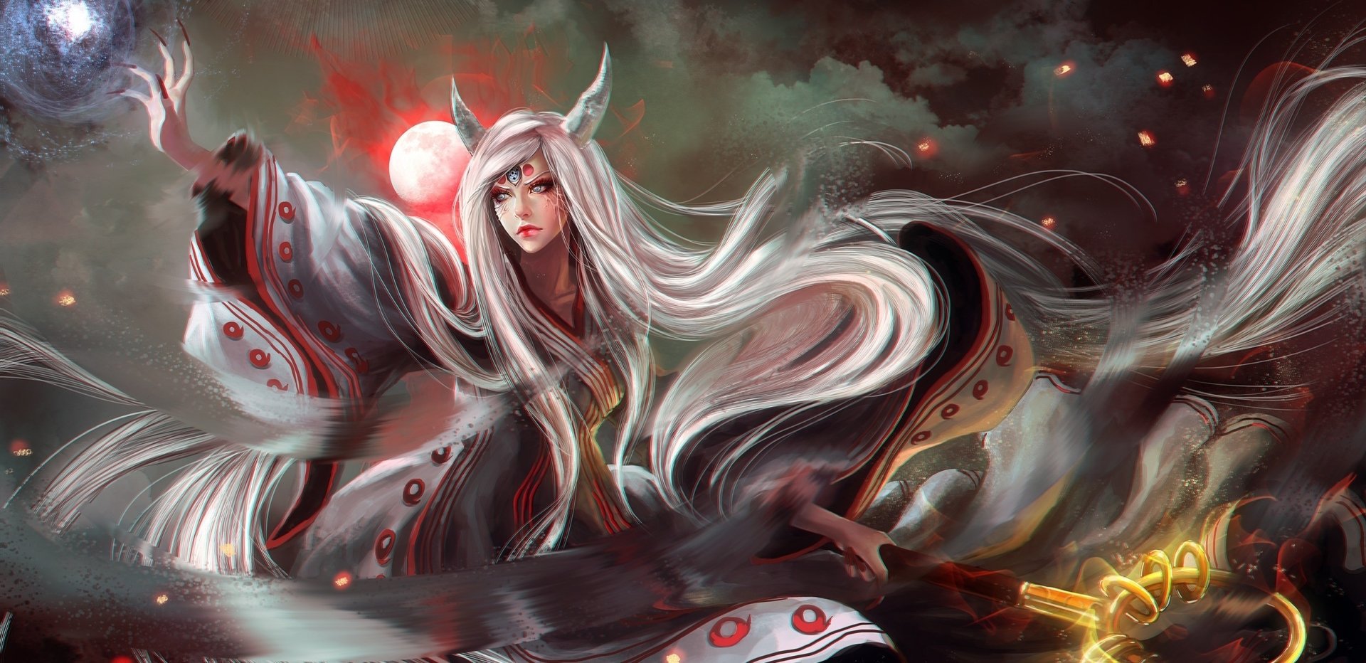Kaguya Ōtsutsuki from Naruto wields a glowing orb, her long white hair flowing dramatically amid a dark, stormy background.