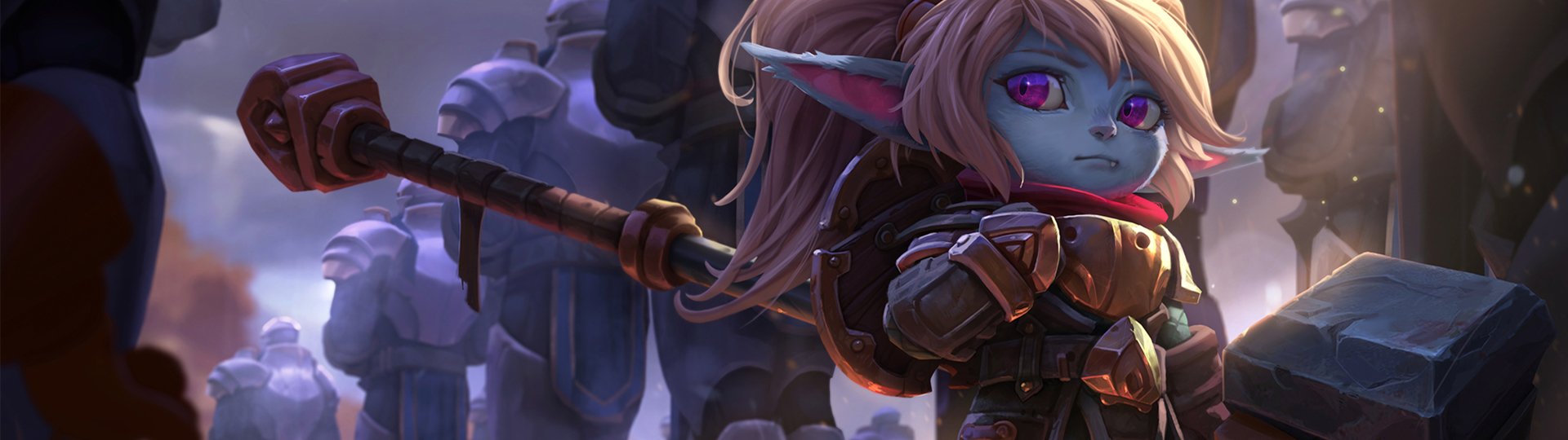 Poppy from League of Legends stands confidently with her hammer amid a stone statue background, showcasing her determined expression in this video game artwork.
