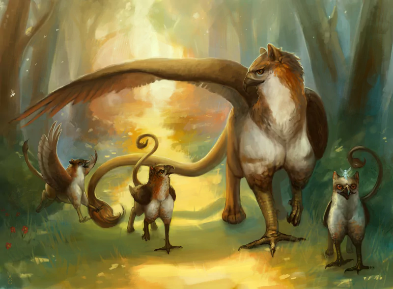 A group of griffin creatures bathed in soft light walk through a magical forest, blending fantasy elements with natural beauty.