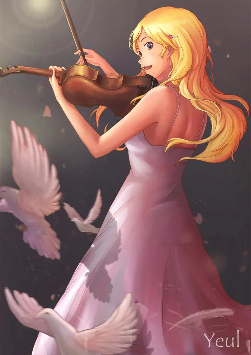 Kaori Miyazono from Your Lie in April plays the violin gracefully, surrounded by white doves, in a soft, glowing anime scene.