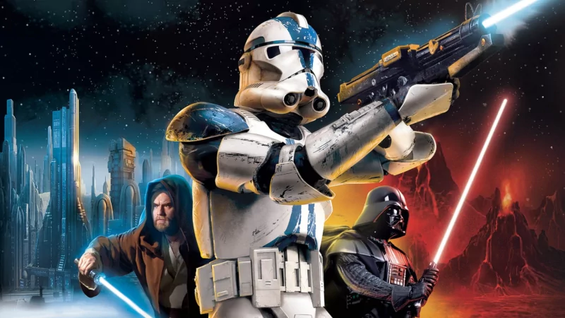 Clone trooper aiming a blaster with Jedi wielding lightsabers in the background, set in the Star Wars Battlefront II (2005) video game universe.