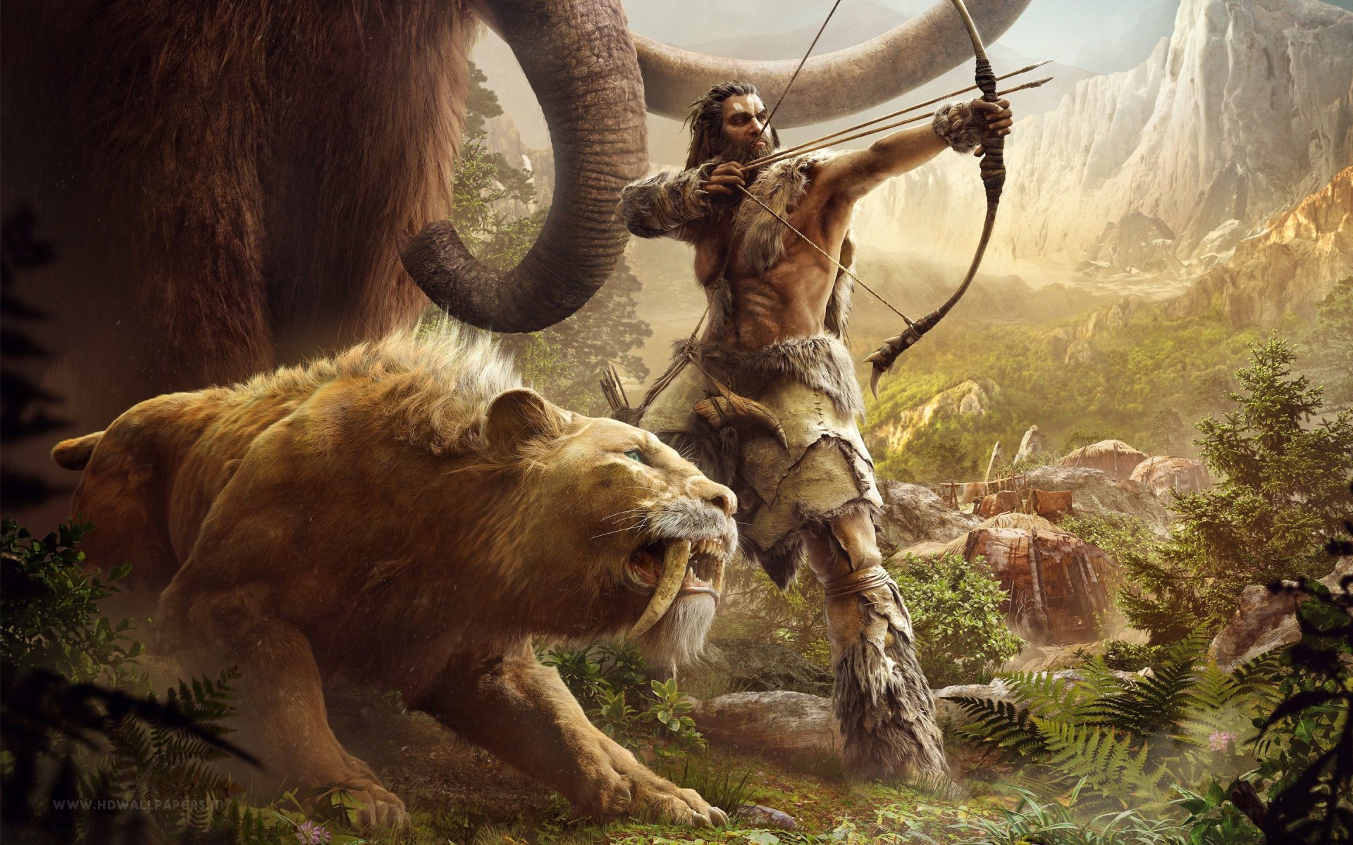 A muscular prehistoric warrior with a bow stands ready beside a snarling saber-toothed tiger in the wilderness, from the video game Far Cry Primal.