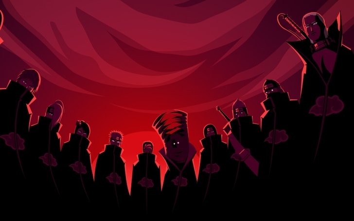 Dark silhouettes of Akatsuki members from the anime Naruto stand against a swirling red sky, highlighting their ominous presence.