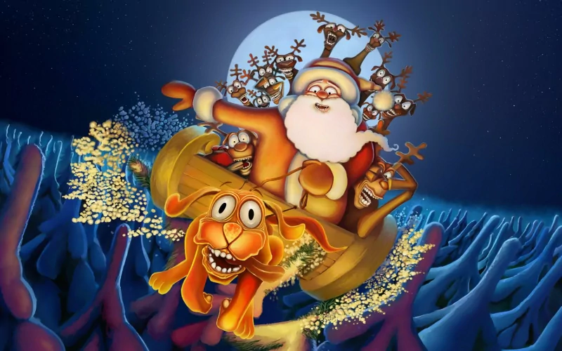 A humorous holiday scene featuring Santa joyfully riding in a sleigh, flanked by reindeer, with a playful dog grinning beside him against a festive, snowy backdrop.
