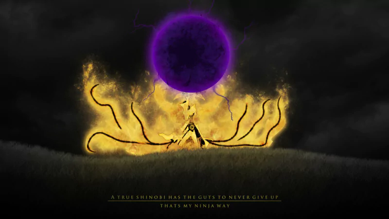 Anime-style image from Naruto depicting a character surrounded by glowing yellow energy with a large dark purple sphere above, set against a stormy, dramatic sky.