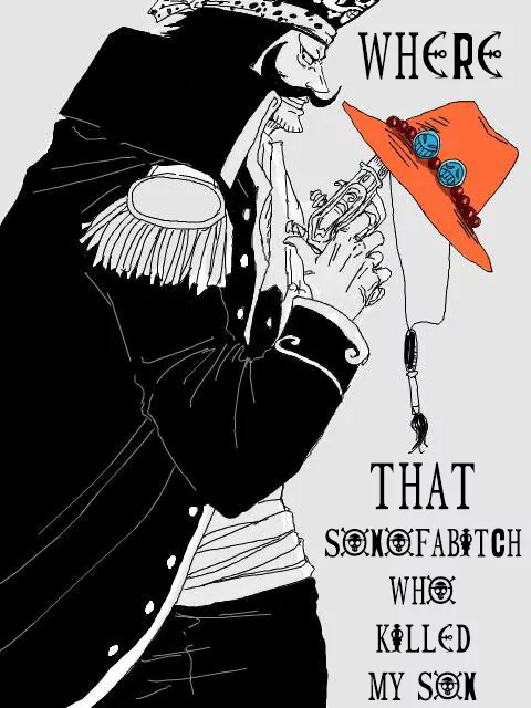 A powerful scene from the anime One Piece, featuring a character in a dramatic pose, expressing intense emotion with the text asking about a nemesis who harmed his son.