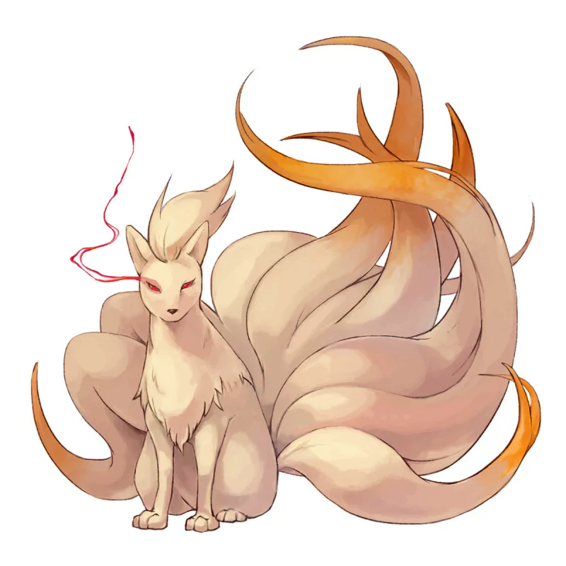 Artwork of Ninetales, a fox-like Pokémon with nine flowing tails, featured in the Pokémon video game series.