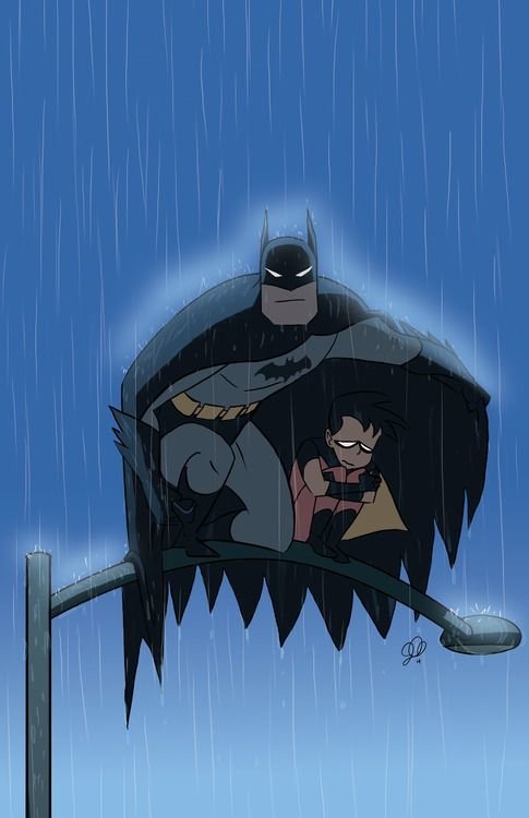 Batman and Robin (Tim Drake) sit under the rain on a streetlight, captured in a moment of camaraderie from The New Batman Adventures series.