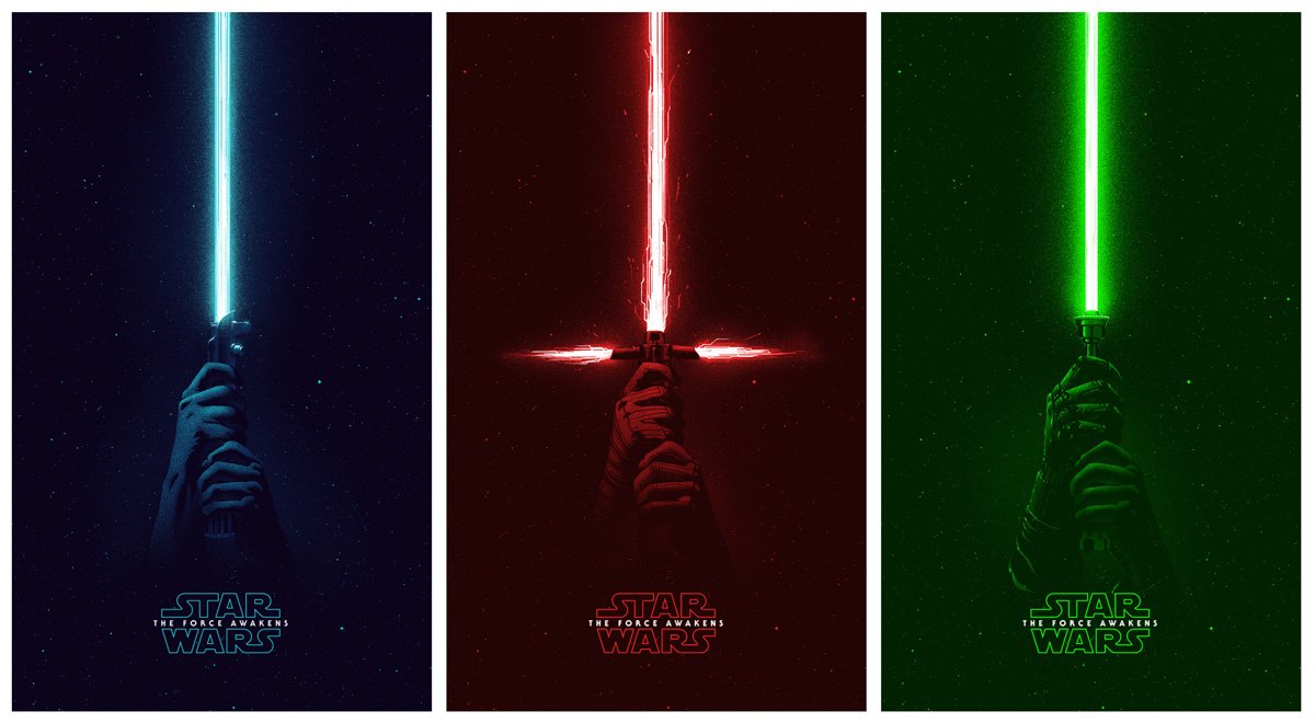Three distinct lightsabers from Star Wars Episode VII: The Force Awakens are displayed vertically: a blue blade, a red crossguard blade, and a green blade.