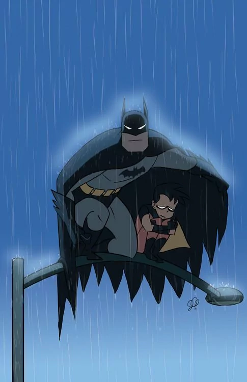Batman and Robin (Tim Drake) sit under the rain on a streetlight, captured in a moment of camaraderie from The New Batman Adventures series.