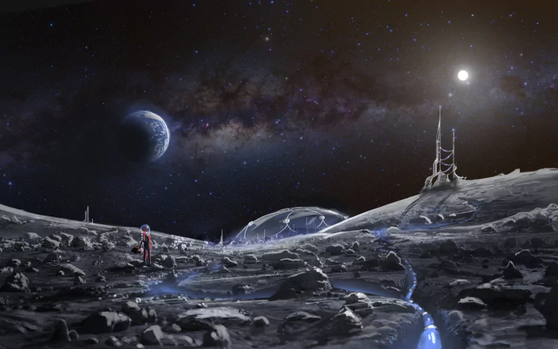 A sci-fi scene on a moon with an astronaut, futuristic domes, and a tall communication tower under a starry sky with a distant planet and bright celestial body.