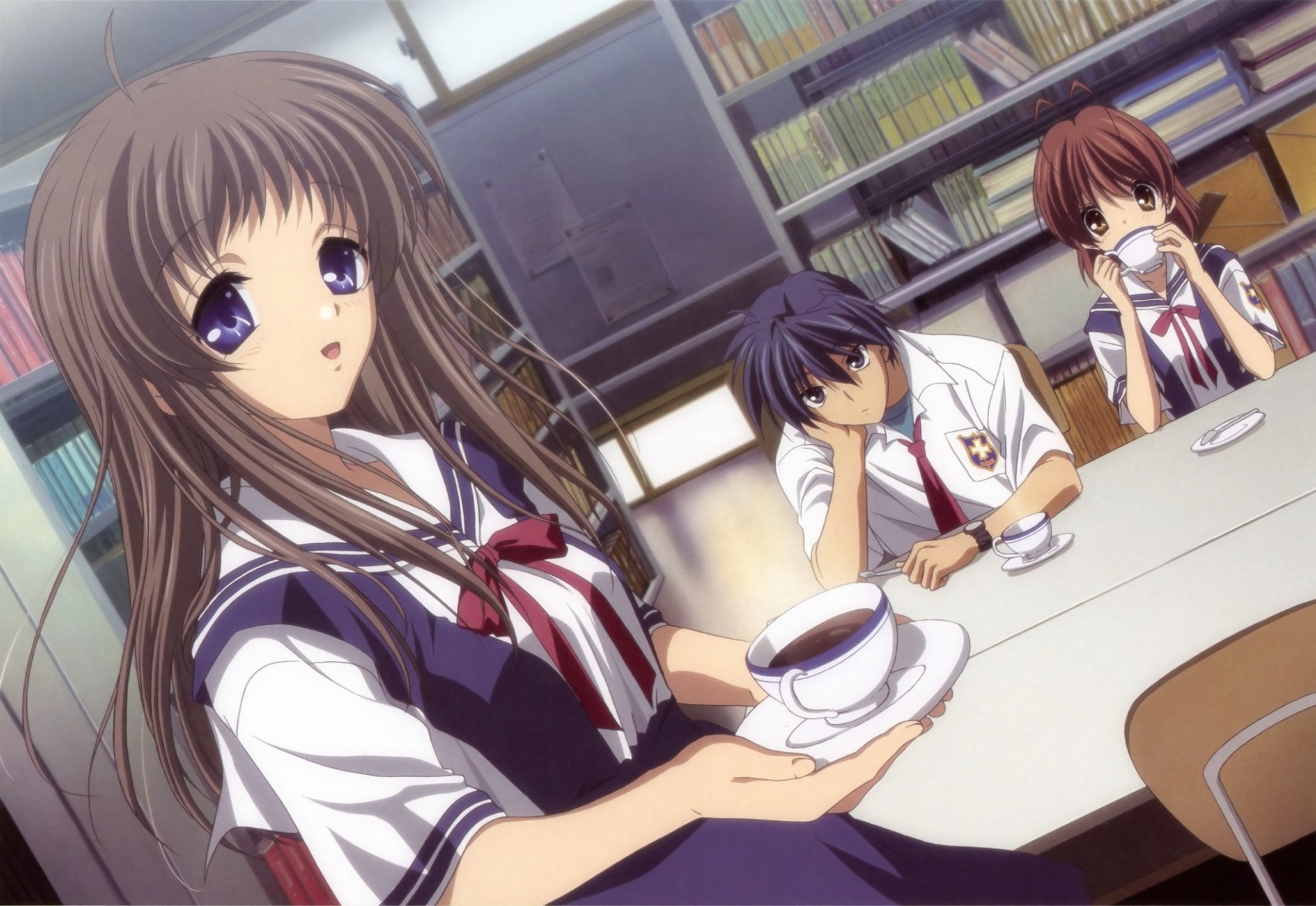 Tomoya Okazaki, Yukine Miyazawa, and Nagisa Furukawa from the anime Clannad are pictured in a classroom, with Nagisa holding a cup of tea.
