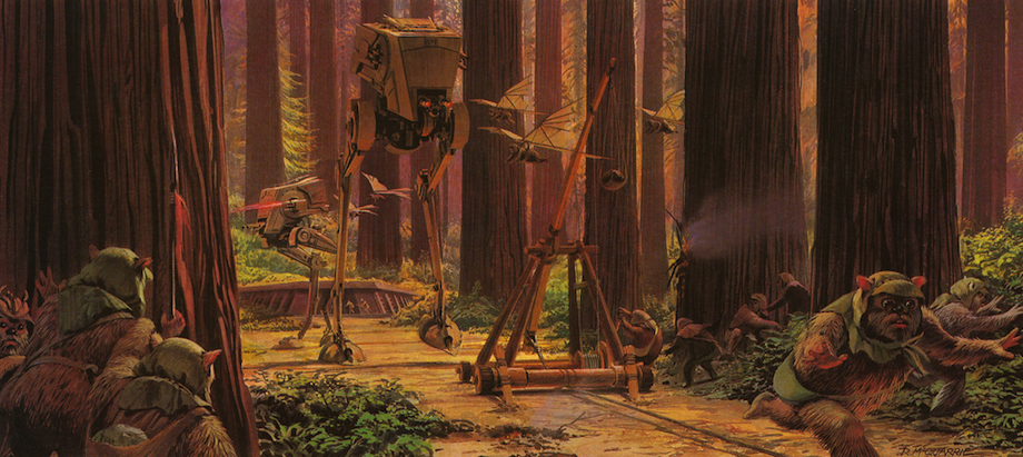 Ewoks in a dense forest village set up ropes and traps to ambush Imperial walkers — a Star Wars movie battle scene.