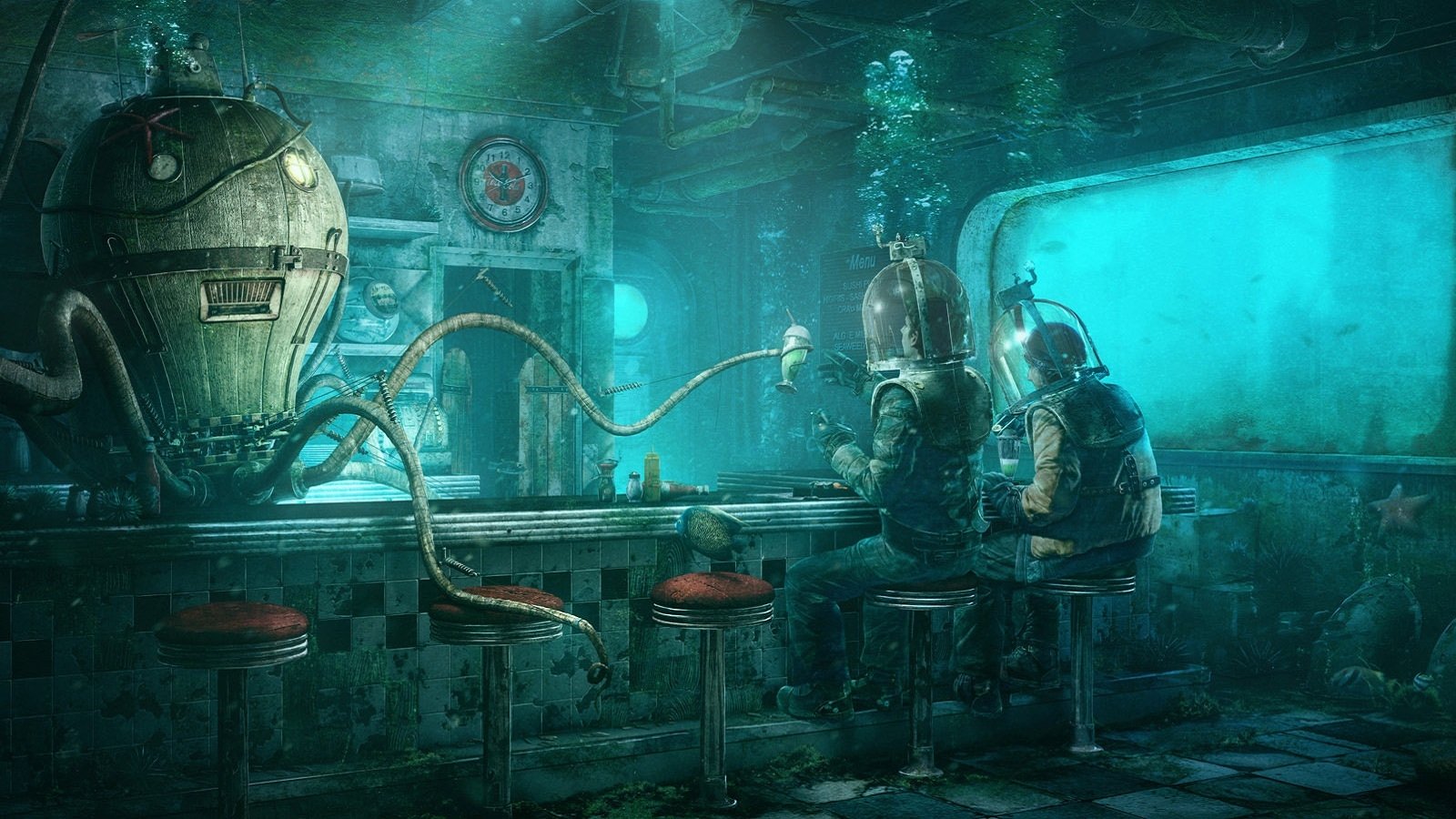 A sci-fi underwater scene showing two people in diving suits sitting at a bar counter, accompanied by a robot with tentacle-like arms.