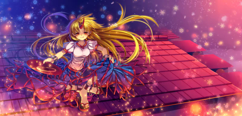Yuugi Hoshiguma from the anime Touhou stands joyfully on a rooftop, twirling in a colorful outfit amidst a backdrop of sparkling lights and vibrant colors.